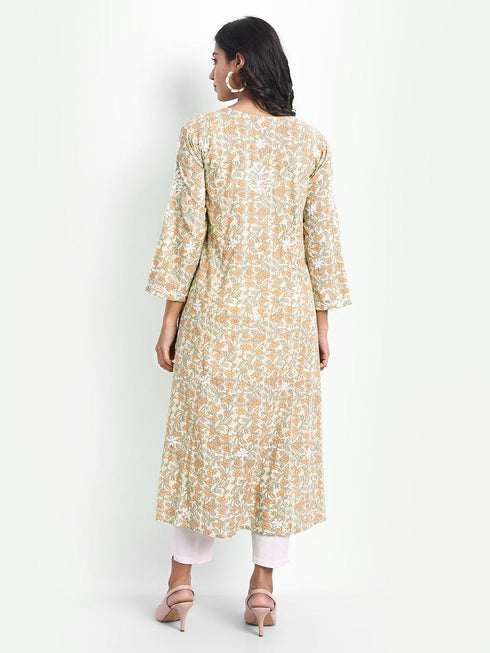 Hand embroidery Chikankari V Neck Anarkali Dress | Long Kurti in Cotton For Women